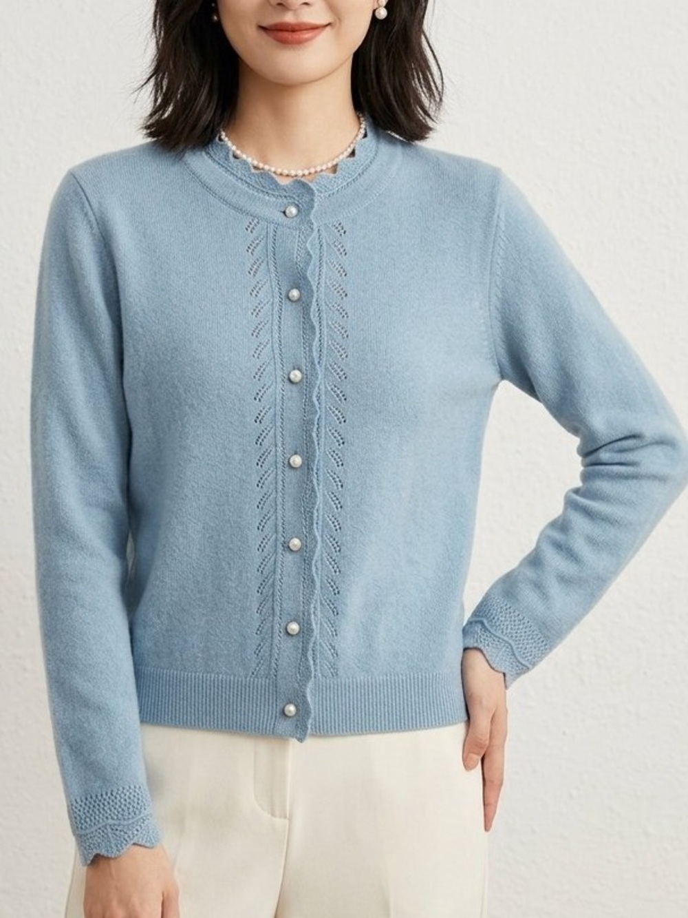 Cyrus Pearl-Button arctic Blue Knit Cardigan Feminine Layering Office Coquette